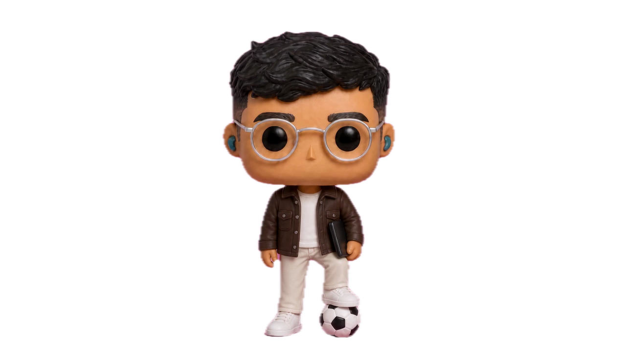 Collectible figure of Aaron in a brown overshirt, holding a laptop with one foot on a football
