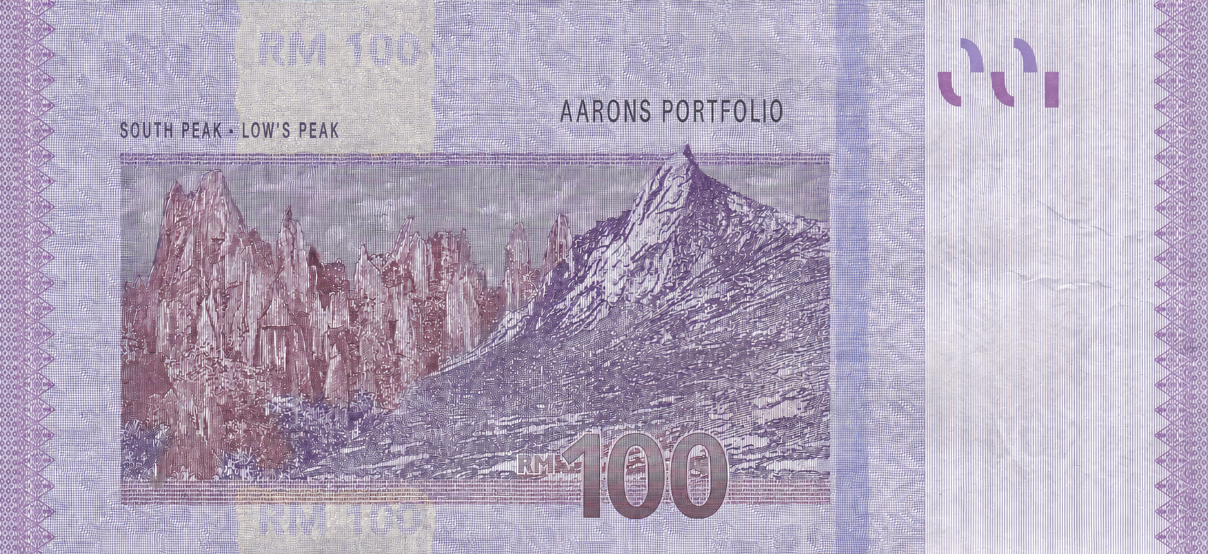 Reverse of a Malaysian RM100 note featuring the Mount Kinabalu engraving