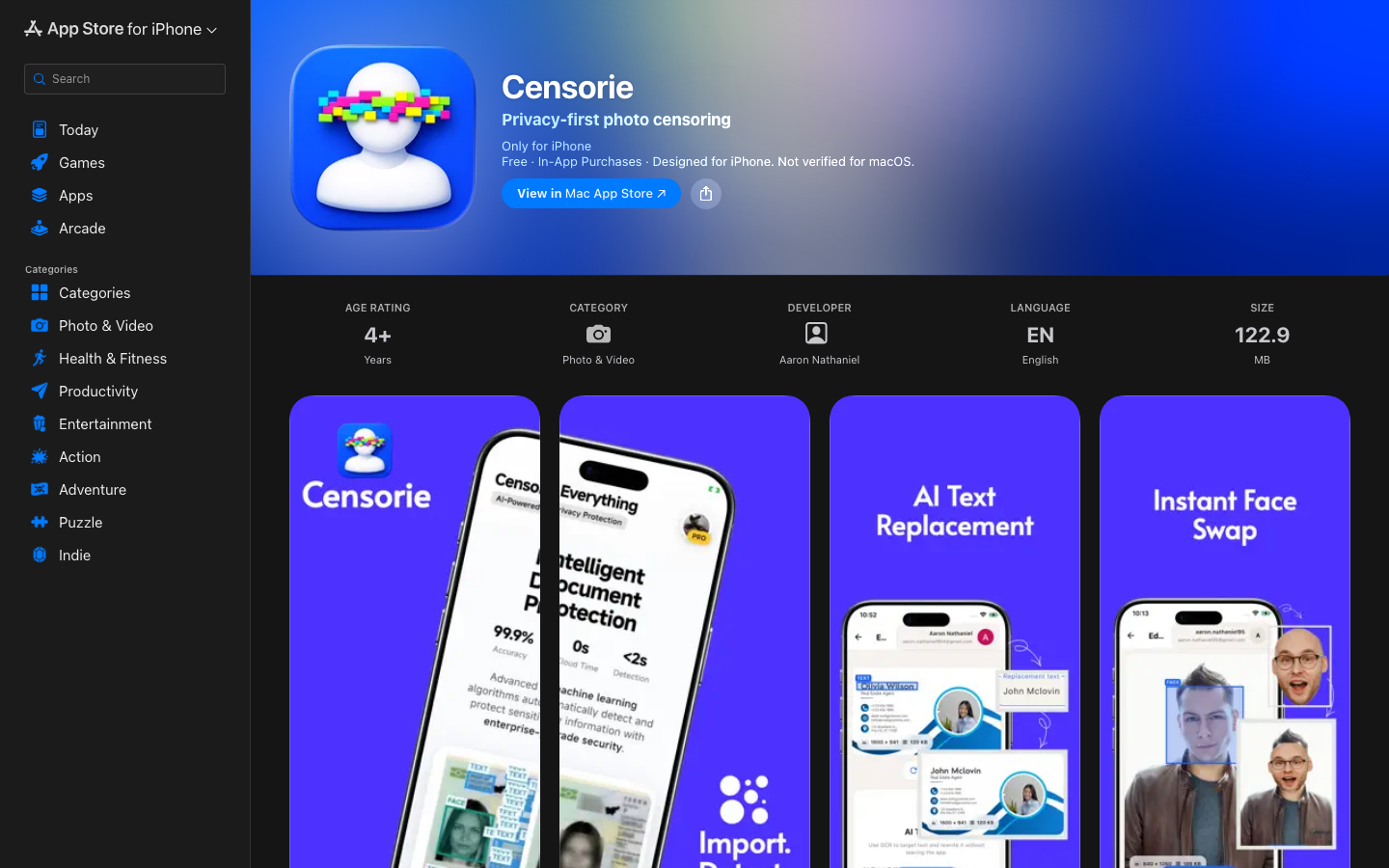 Censorie App Store page